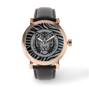 Masculino, Rosto de Tigre Cinza Preto, Relógio Mod