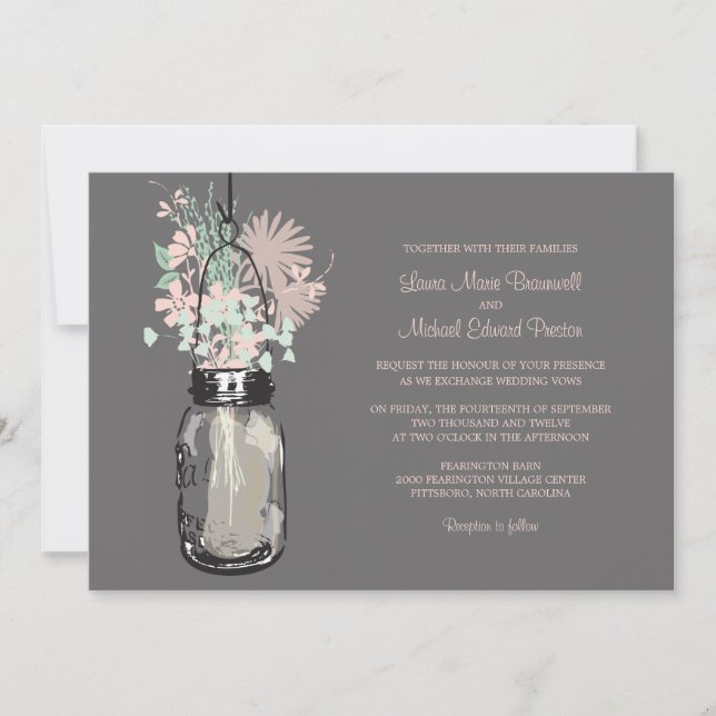 Mason Jar e Flores Selvagens Convites para Casamen (Frente)