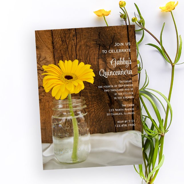 Mason Jar e Yellow Daisy Quinceañera Convite (Criador carregado)
