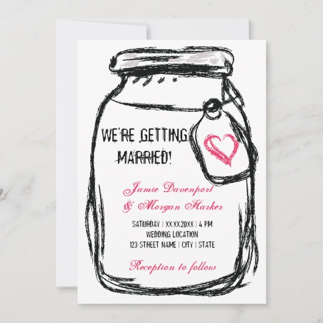Mason Jar & Pink Heart Convite de casamento (Frente)