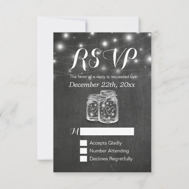 Mason Jar & String Lights Chalkboard Weding RSVP (Frente)