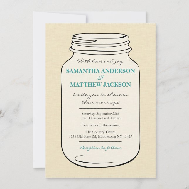 Mason Jar Style 2 Convite De Casamento - Teal (Frente)