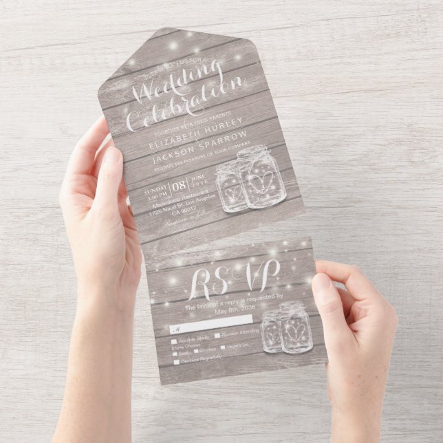 Mason Jars String Luz Rustic Wood Weding RSVP (Aba destacável)