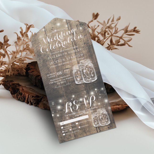 Mason Jars String Luz Rustic Wood Weding RSVP (Criador carregado)