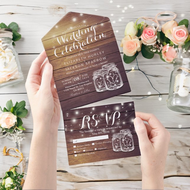 Mason Jars String Luz Rustic Wood Weding RSVP (Criador carregado)