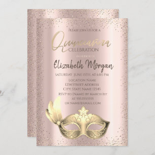 Masque,Confetti Rosa Dourado Quinceañera Convite