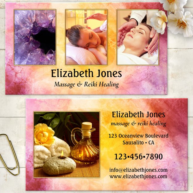 Massage Reiki Healing Photo Cartão de visita (Business card featuring your photos framed by an abstract artistic ocher purple background)