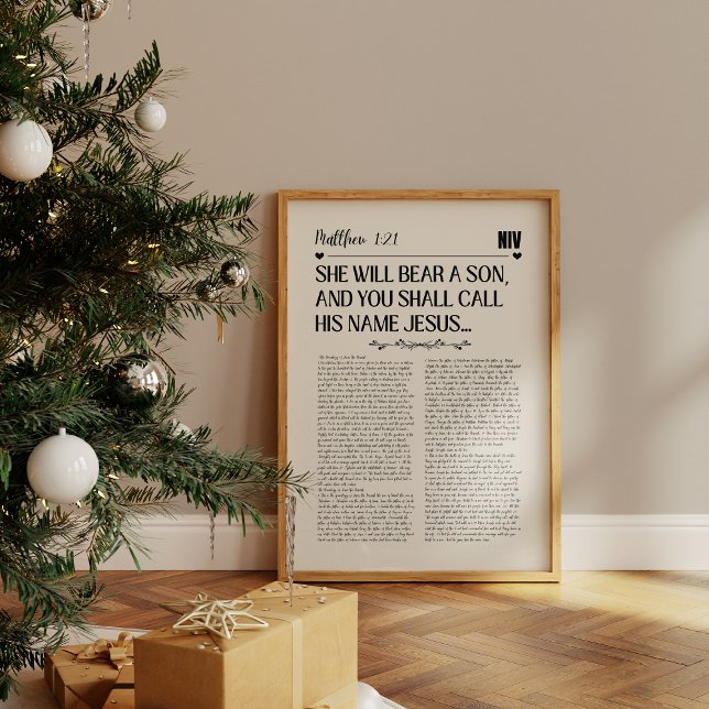 Mateus 1:21 Impressão de Muro de Natal (A framed Christian scripture print with text from psalm Matthew 1:21 in bold black on a beige paper.)