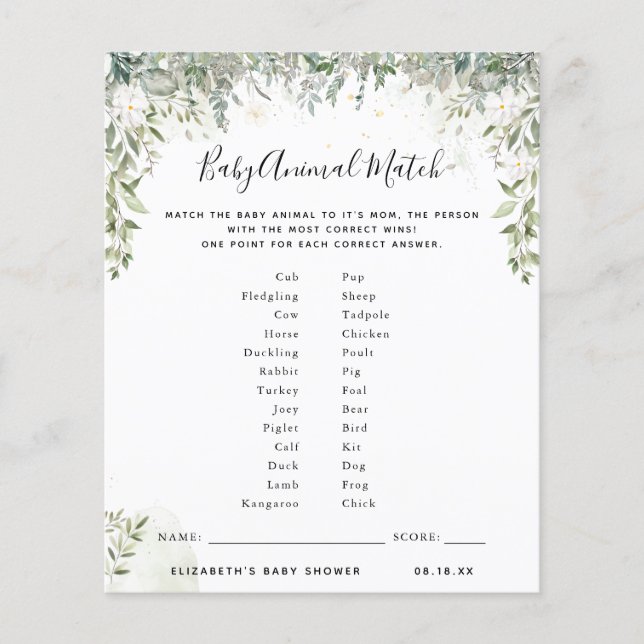 Matriz de Animais de Bebê | Jogo Chá de fraldas (Frente)