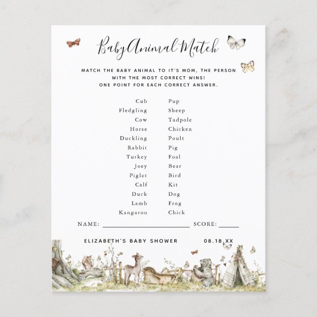 Matriz de Animais de Bebê | Jogo Chá de fraldas (Frente)