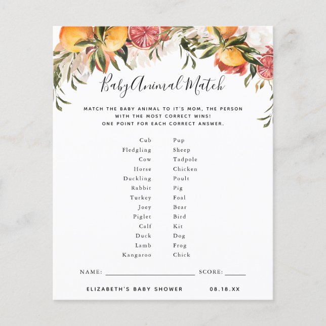 Matriz de Animais de Bebê | Jogo Chá de fraldas (Frente)