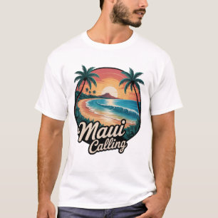 Maui Calling - Retro Havaiano Sunset Beach T-Shirt