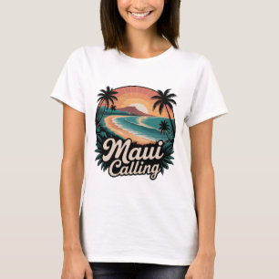 Maui Calling - Retro Havaiano Sunset Beach T-Shirt