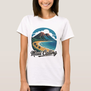 Maui Calling - Retro Havaiano Sunset Beach T-Shirt