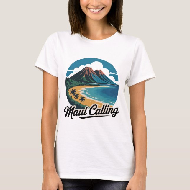 Maui Calling - Retro Havaiano Sunset Beach T-Shirt (Frente)
