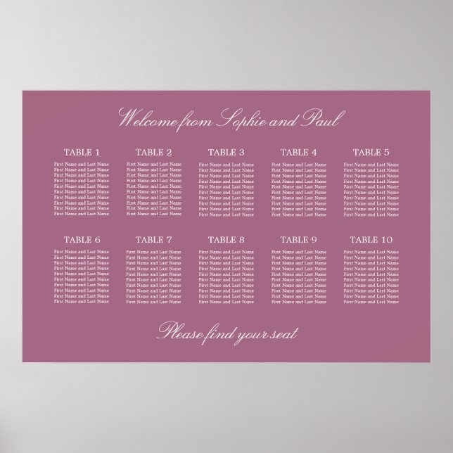 Mauve 10 Gráfico Mesa de Casamento de Poster (Frente)