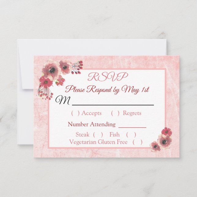 Mauve Coral Floral Striped Wedding Cartão RSVP (Frente)