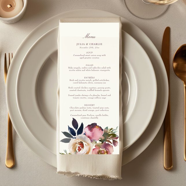 Mauve Indigo Watercolor Rosa Wedding Menu (Criador carregado)