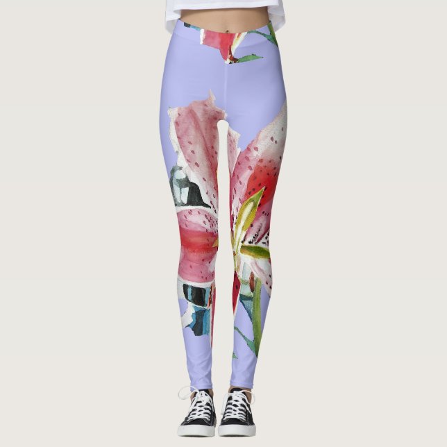 Mauve Lilac Lily floral art aquarela Leggings (Frente)