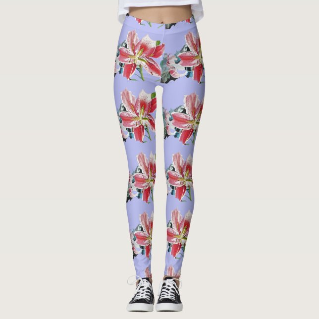 Mauve Lilac Lily floral art aquarela Leggings (Frente)