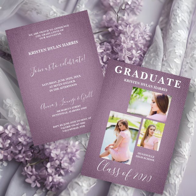 Mauve Modern 3 Fotos Collage Formando Textura do T (Mauve Modern 3 Photos Collage Graduation Fabric Texture Effect Invitation Card in Lilac Shades.)