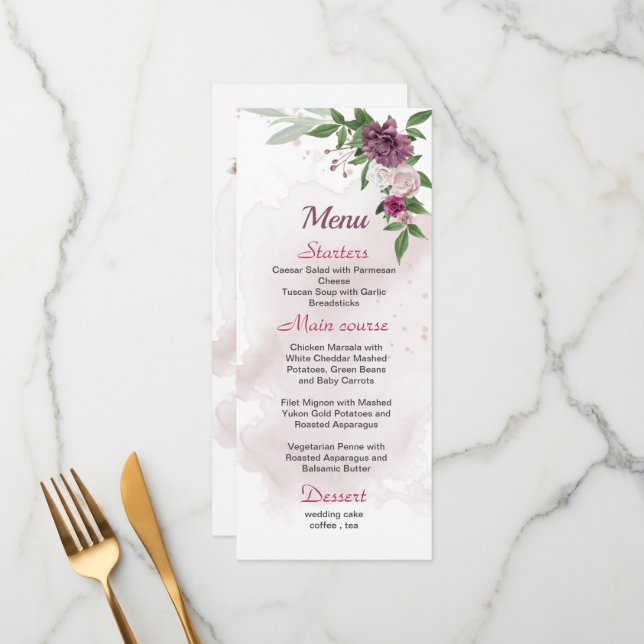 mauve-rosa flores verde menu de casamento (Frente/Verso In Situ)