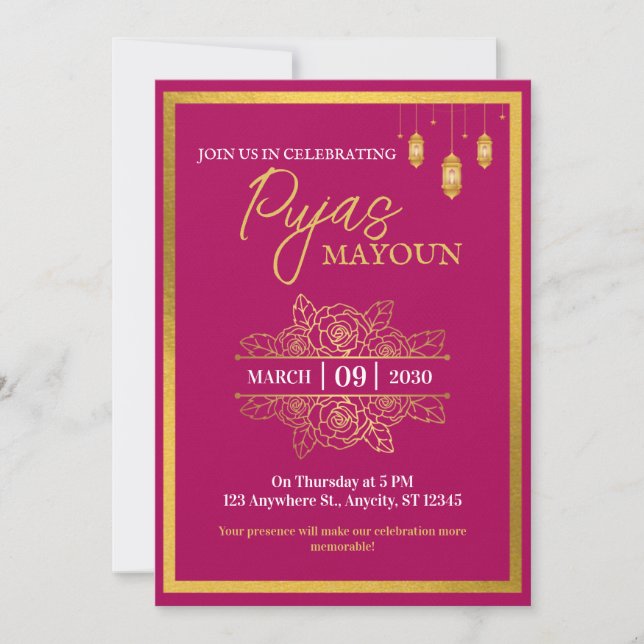 Mayoun Maroon and Gold Puja Invitation (Frente)