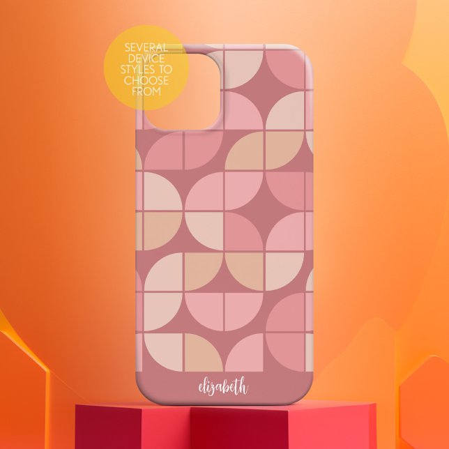 MCM Mod Circles rosa mauve de padrão e rosa pincel (Personalized Phone Case with Custom Text)