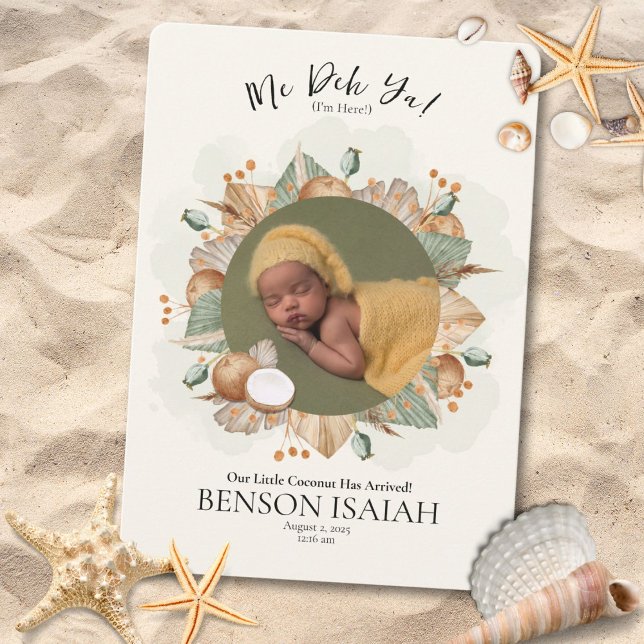 Me Deh Ya! (Estou aqui!) Anúncio de nascimento jam (A tropical coconut design with Jamaican flair, celebrating your little one's arrival.)