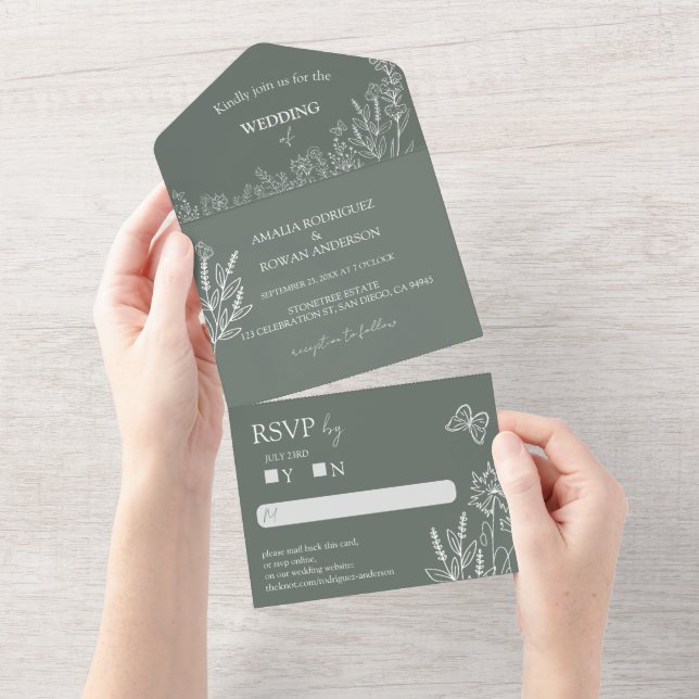 Meadow Flowers Sirocco Green Wedding RSVP (Tearaway)