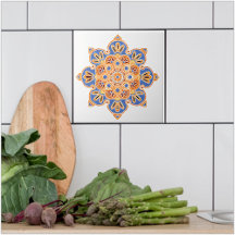 Medalhão de azulejos decorativo laranja e azul