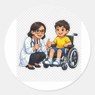Médico pediatra fofo e adesivo de menino de cadeir