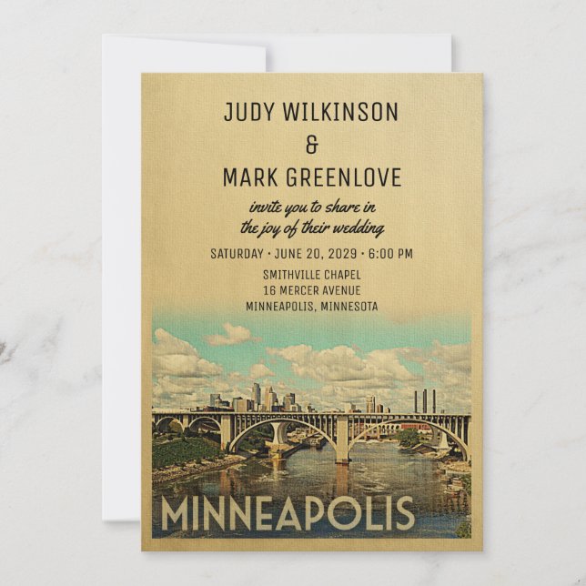 Médio de Casamento de Minneapolis Convite Vintage (Frente)