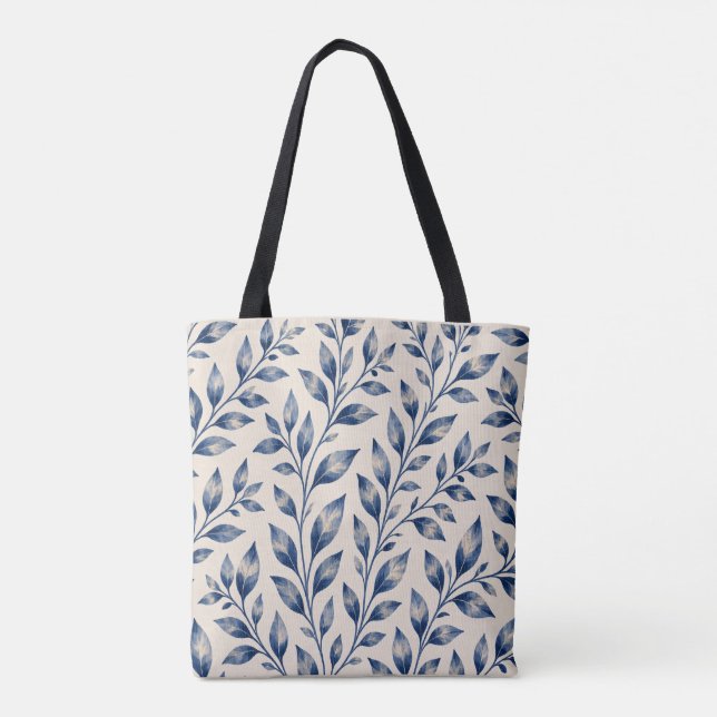 Mediterranean Blue Watercolor Foliage Tote Bag (Verso)