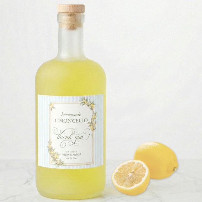 Mediterranean Lemon Wedding Limoncello (homemade limoncello thank you coastal blue stripe Mediterranean lemon wedding favor)