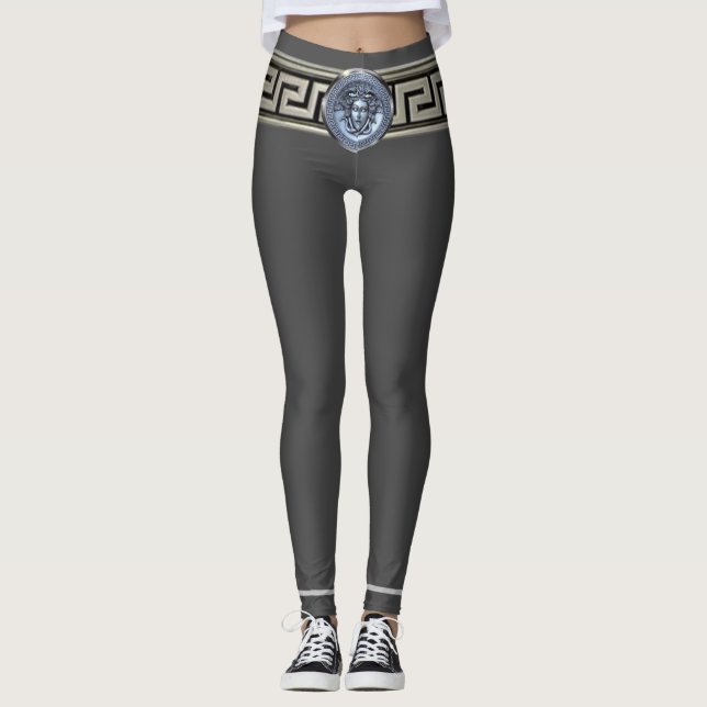 Medusa de Prata Chave Grega em Leggings Cinza Gorg (Frente)