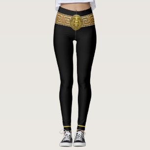 Medusa Dourada e Chave Grega em Leggings Pretas