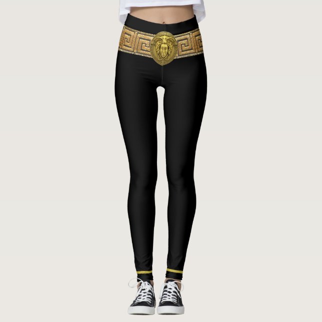 Medusa Dourada e Chave Grega em Leggings Pretas (Frente)
