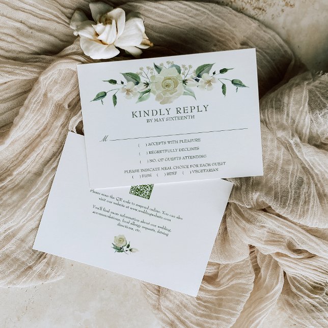 Megan White Rose Greenery Meal Choice RSVP (Elegant, meal choice RSVP card with QR Code embellished with white flowers and greenery)