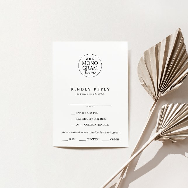 MEGHAN Monograma Boho Black White Cartão RSVP de C (MEGHAN Monogram Boho Black White Wedding RSVP Card)