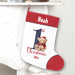Meia De Natal Grande 1rua de Natal Ursinho Marinho Vermelho<br><div class="desc">1rua de Natal para um bebê com ursinho de Natal bonitinho com chapéu de Papai Noel e marinho número um. Personalize facilmente o nome e o ano. - Kate Eden Art</div>
