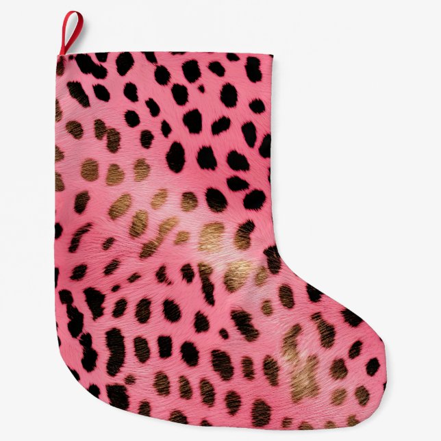 Meia De Natal Grande Abstrato de Impressão de Leopardo Preto Rosa (Frente)
