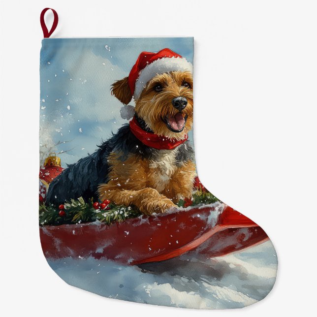 Meia De Natal Grande Airedale Dog em Sledge Deixe-o nevar no Natal (Frente)