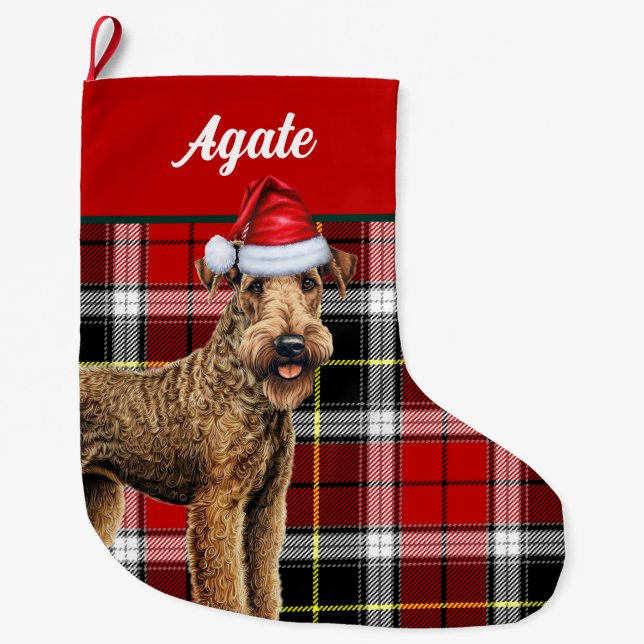 Meia De Natal Grande Airedale Terrier Cute Dog - Xadrez de Natal (Frente)