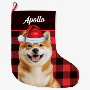 Meia De Natal Grande Akita Cachorro Fofo Xadrez Búfalo Vermelho com Nom