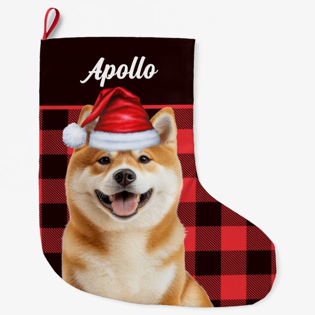 Meia De Natal Grande Akita Cute Dog Red Buffalo Plaid with Name (Frente)