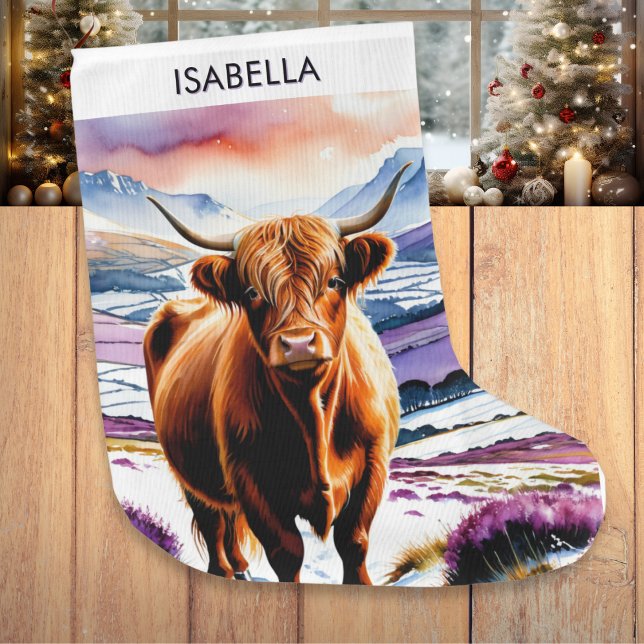 Meia De Natal Grande Altos Covas Aquarela (A personalized Christmas stocking, with picture of a Highland cow in snow with purple heather)