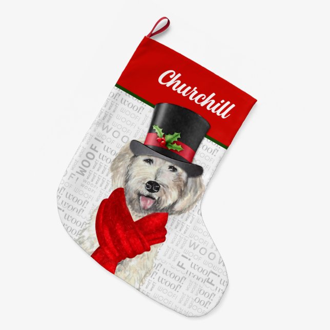 Meia De Natal Grande Amarelo de Natal Labradoodle com o Nome do Cão (Frente (Pendurada))