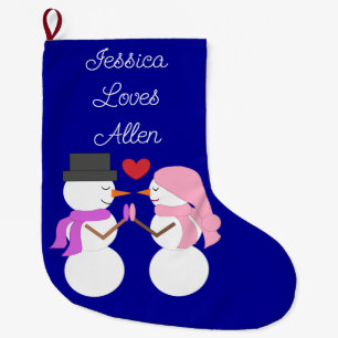 Meia De Natal Grande Amor e Bonecos de Neve: Azul Escuro