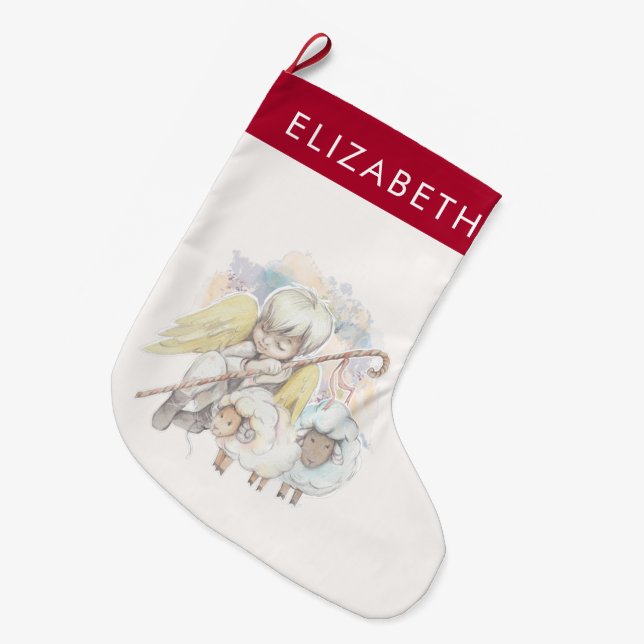 Meia De Natal Grande Angel Shepherd de Natal com Lambs (Frente (Pendurada))